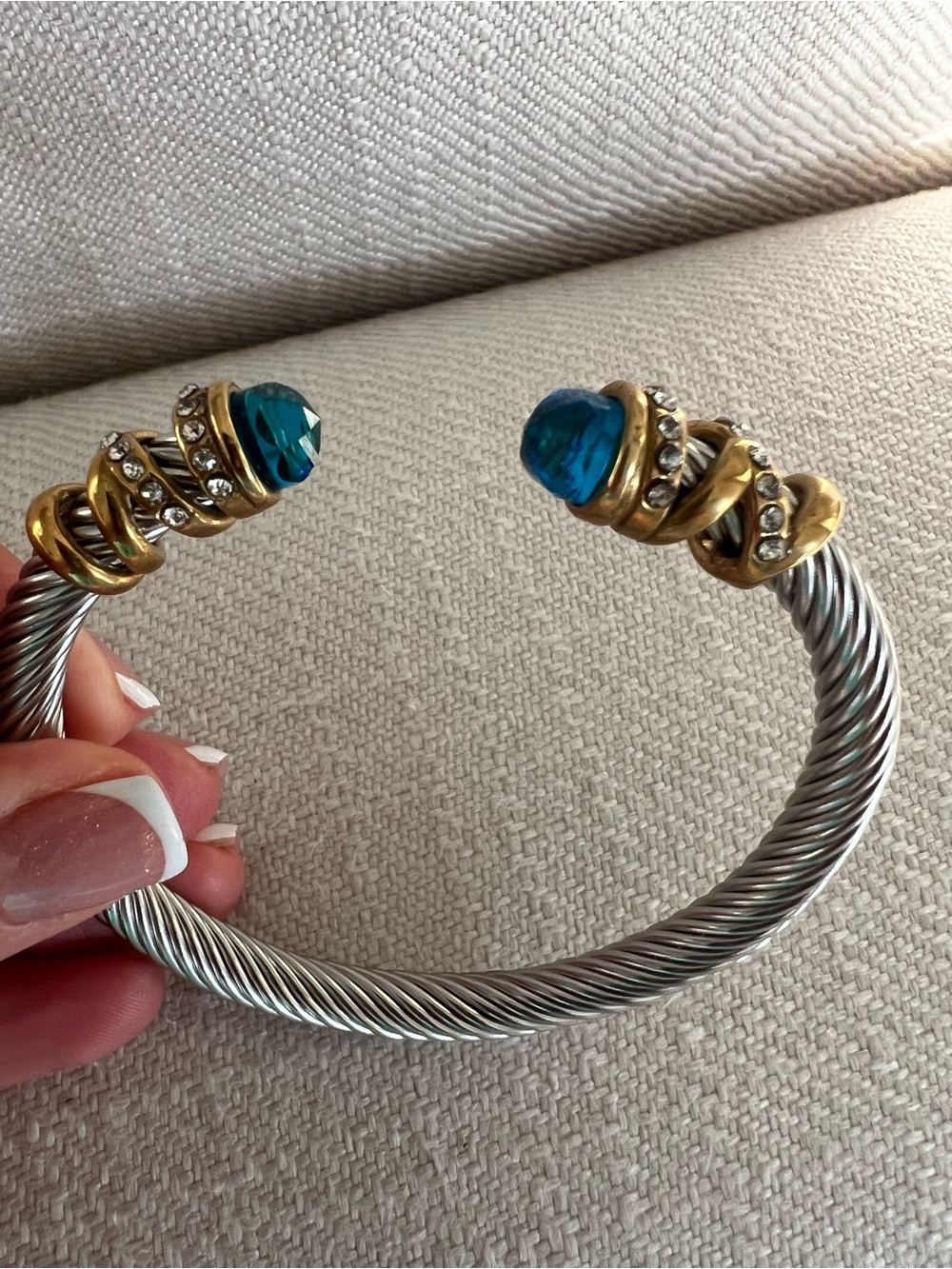 Gold & Silver Rope Cuff Bracelet with Teal Crystal Accents